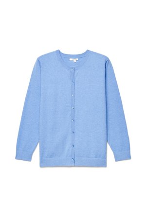 Cardigan azzurro chiaro a manica lunga con bottoni, scollo rotondo e polsini e orlo a coste, disteso su sfondo bianco.