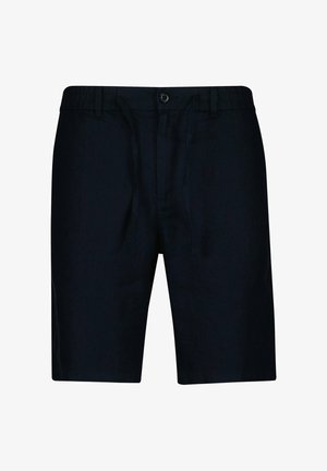 Pantaloncini neri fino al ginocchio con cintura elastica, chiusura con bottone, coulisse e passanti per cintura, mostrati su sfondo bianco.