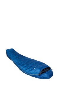 Blauer Daunenschlafsack mit taillierter Form, verfügt über einen vollständigen Reißverschluss und ein gestepptes Muster zur Isolierung. Glatte, glänzende Oberfläche des Stoffes.