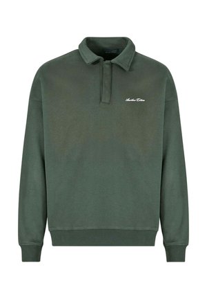Sweatshirt polo din bumbac verde închis, cu o închidere cu trei butoane, mâneci lungi și tiv ribbed. Logo mic alb pe piept.