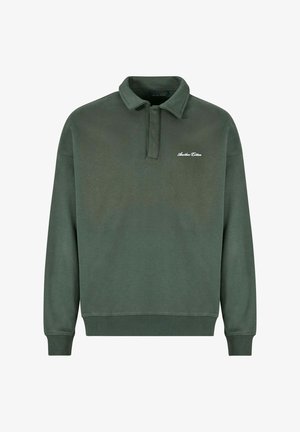 Felpa polo in cotone verde scuro, con colletto a tre bottoni, maniche lunghe e orlo a costine. Logo bianco piccolo sul petto.