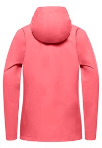 Giacca impermeabile rosa con cappuccio aderente, maniche lunghe e design senza cuciture. Texture liscia, senza hardware visibili o motivi.