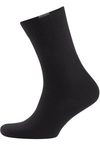 Schwarze Baumwollsocke mit geripptem Bündchen, glatter Textur, mittellangem Design und abgerundeter Spitze für Komfort.