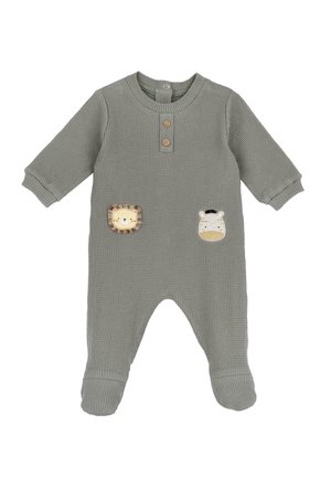 Groene geribbelde rompertje met lange mouwen, met twee dierenapplicaties (leeuw en zebra) aan de voorkant, knoopsluiting bij de hals en voetjes.