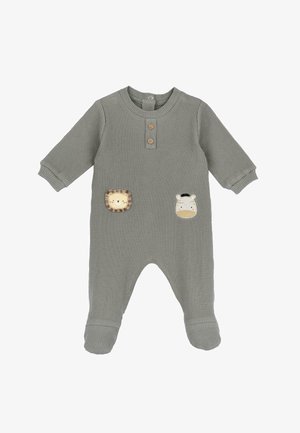 Zelený žebrovaný overal s dlouhými rukávy, na přední straně s dvěma zvířecími aplikacemi (lev a zebra), s knoflíkovým zapínáním na krku a designem s ponožkami.