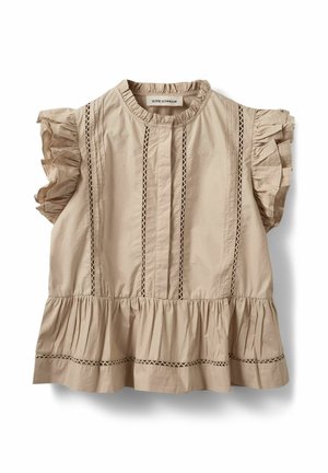 Beige ærmeløs bluse med flæseærmer, plisseret kant og lodrette blonder på forsiden.