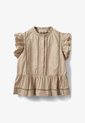Bež brezrokavnik z nagubani rokavi, nabranim spodnjim robom in vertikalnim čipkastim okrasjem spredaj.