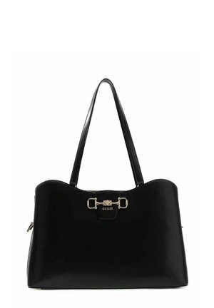 Sac à main Guess en cuir noir avec double bandoulière, détail boucle dorée et fermeture éclair sur fond blanc.
