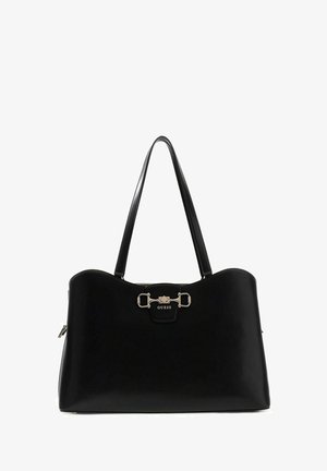Sac à main Guess en cuir noir avec double bandoulière, détail boucle dorée et fermeture éclair sur fond blanc.