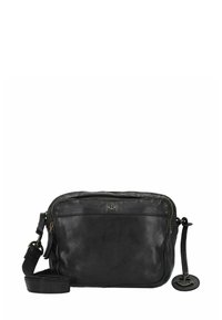 Borsa a tracolla in pelle nera con chiusura a zip, tasca frontale, dettagli in metallo dorato e tracolla regolabile. Texture liscia, forma rettangolare.