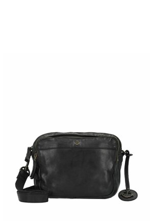 Borsa a tracolla in pelle nera con chiusura a zip, tasca frontale, dettagli in metallo dorato e tracolla regolabile. Texture liscia, forma rettangolare.