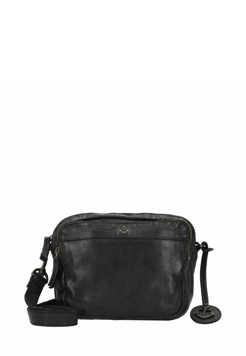 Borsa a tracolla in pelle nera con chiusura a zip, tasca frontale, dettagli in metallo dorato e tracolla regolabile. Texture liscia, forma rettangolare.
