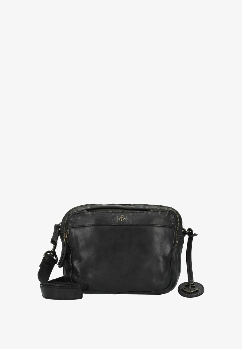 Borsa a tracolla in pelle nera con chiusura a zip, tasca frontale, dettagli in metallo dorato e tracolla regolabile. Texture liscia, forma rettangolare.
