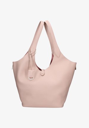 Grand sac à main en cuir rose doux avec doubles poignées, une petite étiquette attachée et une fermeture à boucle au centre devant.