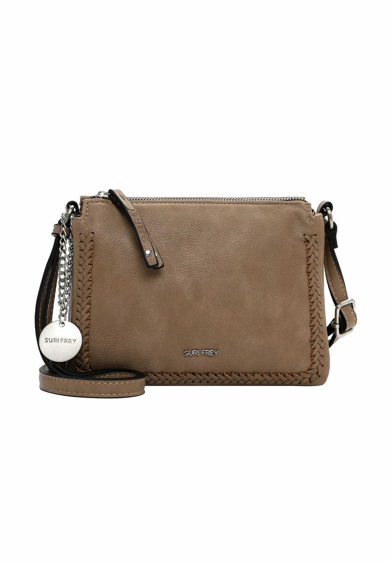 Borsa a tracolla beige in morbida pelle con dettagli intrecciati, hardware in argento e tracolla staccabile con una targhetta rotonda del logo.