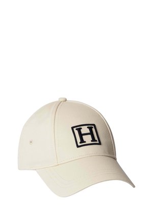 Beige Baseballkappe mit einem schwarzen Buchstaben H in einem Quadrat auf dem Frontpanel.