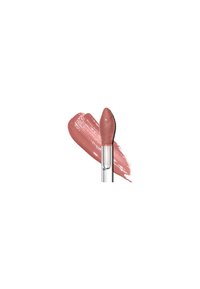 Rouge à lèvres liquide dans une teinte rose doux avec une finition glossy, accompagné d'un applicateur incliné et d'un échantillon de la couleur.