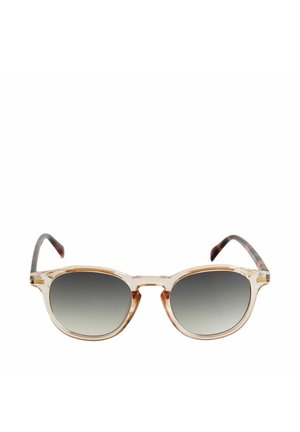Przezroczyste, jasnobrązowe, okrągłe okulary przeciwsłoneczne z gradientowymi, ciemnymi szkłami i zausznikami w wzór żółwia.
