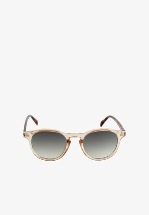 Transparante lichtbruine ronde zonnebril met gradiënt donkere glazen en steelse doppen met schildpadmotief.