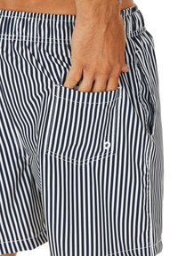 Marineblaue und weiße gestreifte Badeshorts mit einem elastischen Bund, seitlichen Taschen und kontrastierenden Nähten. Strukturierter Stoff.