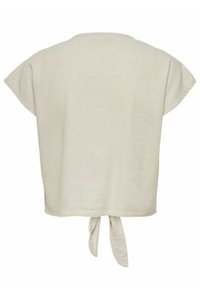 Světlé béžové tričko s krátkými rukávy a volným střihem, zdoben�é zavazovacím detailem na zádech a texturovanou látkou. Jednoduchý a lehký design.