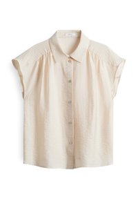 Helle beige Bluse mit kurzen Ärmeln, Knopfleiste, weichem Textilmaterial und klassischem Kragen mit dezenten Raffungen an den Schultern.