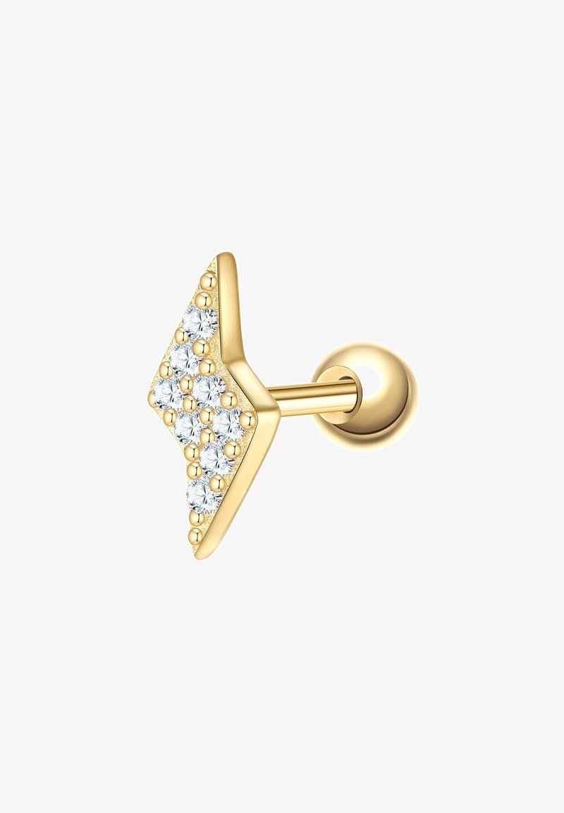Gold stud earring shaped like an arrow, featuring clear, round sparkling crystals arranged on the surface and a smooth, polished finish.