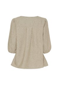Beige og creme-stribet bluse med en rund halsudskæring, trekvartlange puffærmer og et plisseret bagdesign.