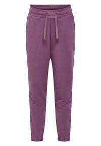 Pantalons de survêtement violets avec une taille élastique et des cordons de serrage, des jambes fuselées et des accents texturés au niveau du genou. Matériau en tissu doux.