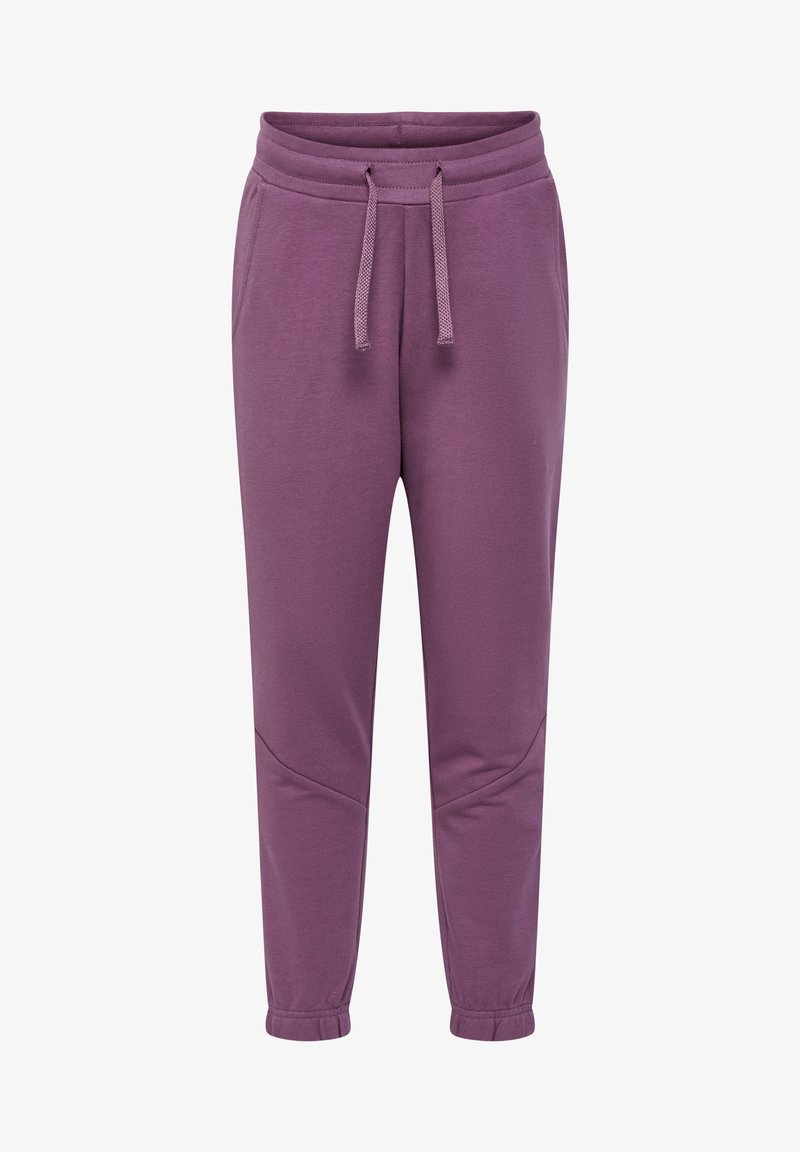 Paarse joggingbroek met een elastische tailleband en trekkoord, taps toelopende benen en textuuraccenten op de knieën. Zacht, stoffen materiaal.