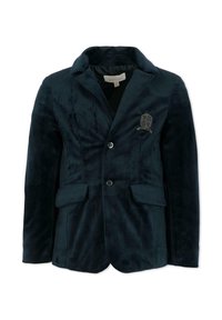 Granatowa aksamitna marynarka z dwoma przednimi kieszeniami, klapą ze wcięciami, zapięciem na jeden guzik oraz haftowanym emblematem na lewej piersi.