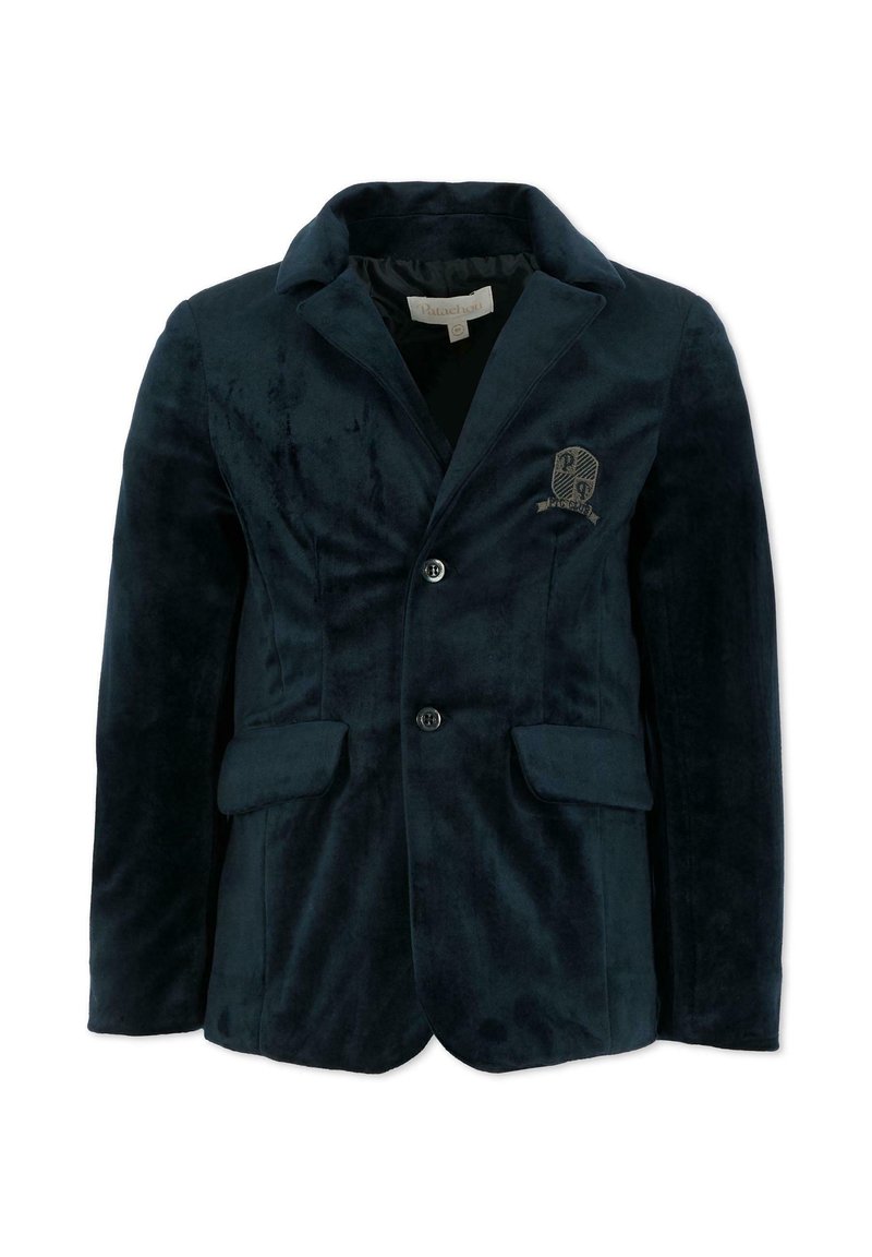 Granatowa aksamitna marynarka z dwoma przednimi kieszeniami, klapą ze wcięciami, zapięciem na jeden guzik oraz haftowanym emblematem na lewej piersi.