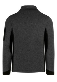 Grau Fleecetop mit hohem Kragen, schwarzen Akzenten an den Schultern und Seitenteilen. Glatte Textur, schlanker Schnitt und lange Ärmel.