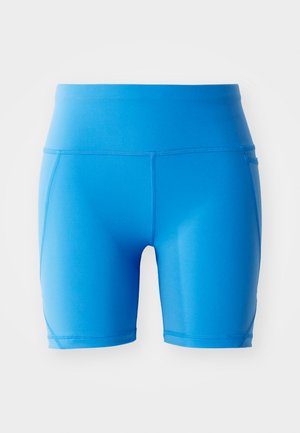 Klare blå treningsshorts laget av glatt, elastisk materiale. Har en høy midje og en strømlinjeformet design med flate sømmer.