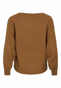 Pull marron côtelé à manches longues avec un encolure bateau et des manches légèrement bouffantes, présenté de dos sur fond blanc.