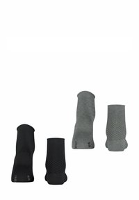 Vier paar enkelokken in zwart en grijs, met een gestructureerd patroon, flexibele materialen en elastische boorden voor een stevige pasvorm.