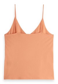 Perzikkleurig tanktop met dunne, verstelbare spaghettibandjes en een lage, vierkante halslijn. Gemaakt van zachte, lichte stof met een gladde textuur.