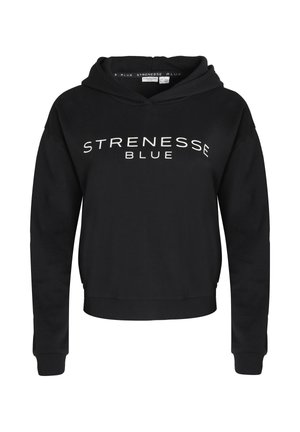 Zwarte sweatshirt met capuchon, uitgevoerd in een cropped ontwerp. De voorkant toont de tekst "STRENESSE BLUE" in wit. Gemaakt van zacht stof.