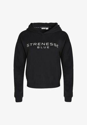 Must kapuutsiga pusa, millel on lühendatud disain. Eespool on valgete tähtedega tekst "STRENESSE BLUE". Valmistatud pehmest kangast.