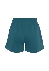 Teal shorts, valmistettu pehmeästä kankaasta, joissa on joustava vyötärö ja sivutaskut. Rentoa istuvuutta ja helman pituus ylös keskikohtaa.