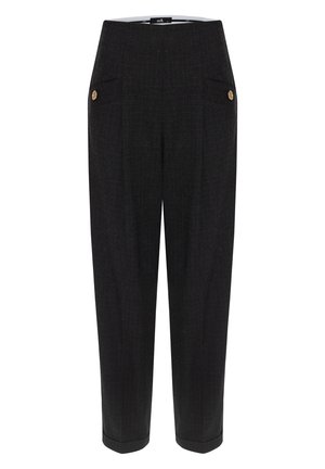 Black tailored trousers with a textured fabric, featuring front pockets, gold-tone button accents, and a tapered silhouette.