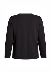 Juodas ilgarankovis marškinys su apvaliu kaklo iškirpimu ir centriniu siūlės detaile nugaros pusėje, rodomas prieš baltą foną.