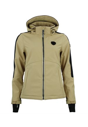 Veste softshell beige à coupe ajustée, fermeture éclair, panneaux noirs accentués et capuche réglable. Comprend des passe-pouces et un écusson logo.