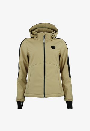 Veste softshell beige à coupe ajustée, fermeture éclair, panneaux noirs accentués et capuche réglable. Comprend des passe-pouces et un écusson logo.
