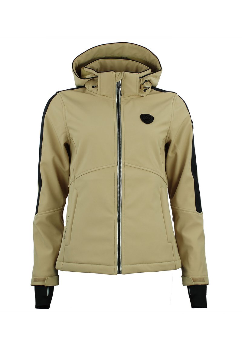 Veste softshell beige à coupe ajustée, fermeture éclair, panneaux noirs accentués et capuche réglable. Comprend des passe-pouces et un écusson logo.