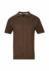 Polo shirt marrone a maniche corte con scollo a V, motivo a maglia testurizzata con righe verticali e colletto classico.