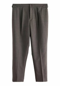 Gray striped trousers with a pleated front, featuring a button closure and side pockets. Made from a smooth fabric with a tailored fit.