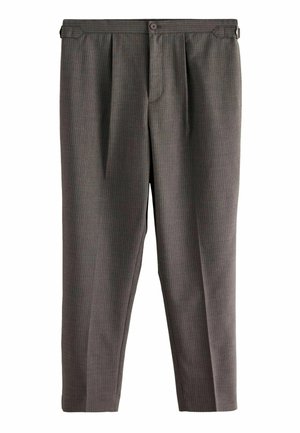 Gray striped trousers with a pleated front, featuring a button closure and side pockets. Made from a smooth fabric with a tailored fit.