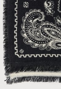 Μονόχρωμο πασμίνα με μοτίβο πεϊσλί σε ασπρόμαυρο, με κρόσσια στις άκρες, που παρουσιάζει περίτεχνα σχέδια και αντίθετες υφές από μαλλί.