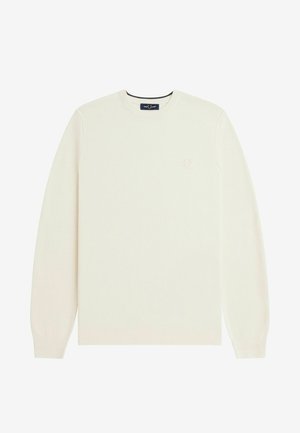 Pull beige clair en tissu en maille douce, avec un col rond, des manches longues, des poignets côtelés et un petit logo sur la poitrine.